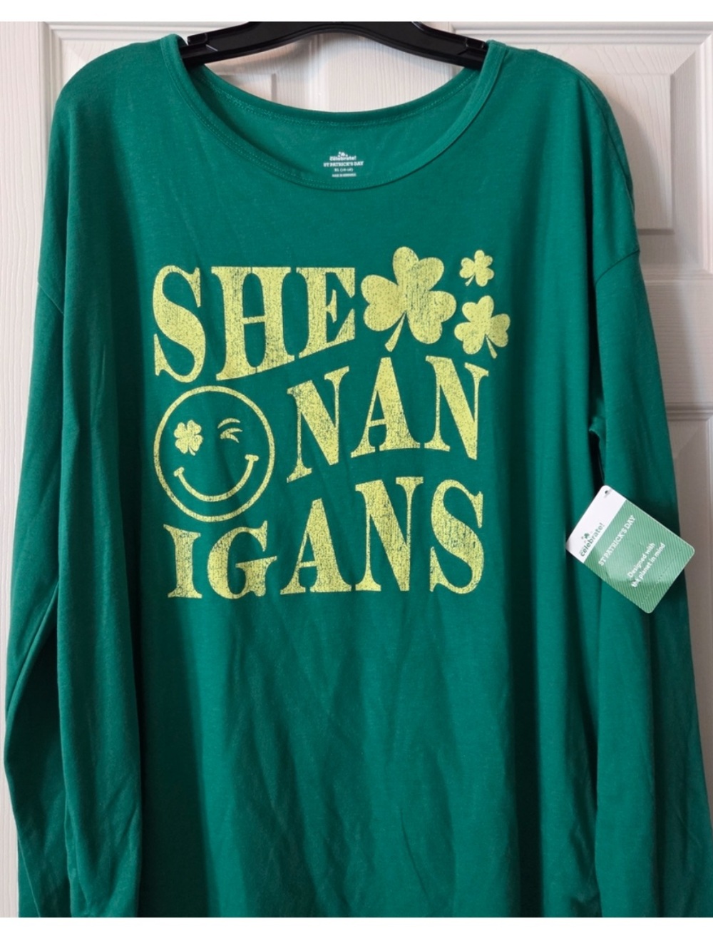 Green 'Shenanigans' ST Patrick’s Day Long-Sleeve top w/smiley face XL 16-18